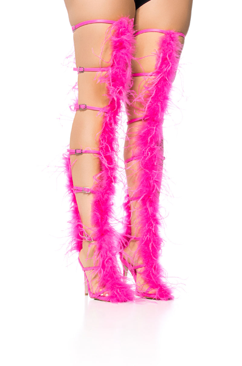 Front View Azalea Wang Trinity Fuchsia Strappy Feather Sandal