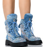 Front View Azalea Wang Truffled Denim Embellished Combat Bootie