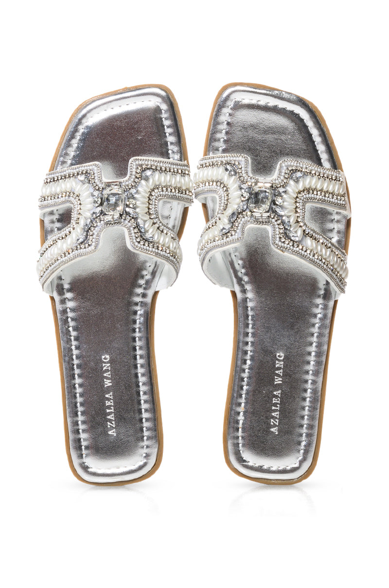 Side View Azalea Wang Tulum Embellished Flat Sandal In Silver