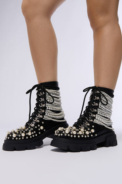 AZALEA WANG TWINKLEY BLACK PEARL EMBELLISHED COMBAT BOOTIE AKIRA