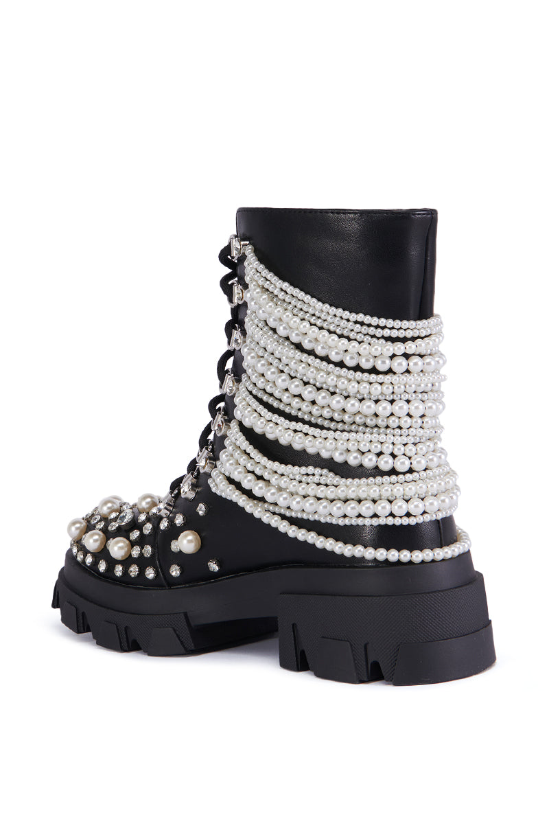 AZALEA WANG TWINKLEY BLACK PEARL EMBELLISHED COMBAT BOOTIE – AKIRA