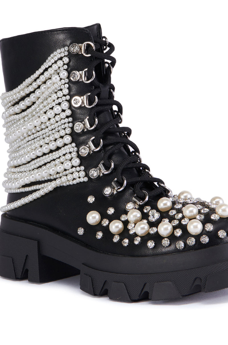 Full View Azalea Wang Twinkley Black Pearl Embellished Combat Bootie