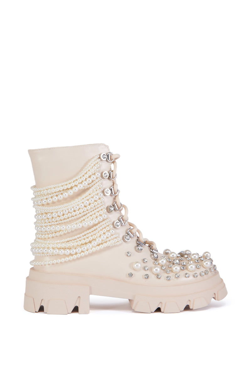Back View Azalea Wang Twinkley Bone Pearl Embellished Combat Bootie 4