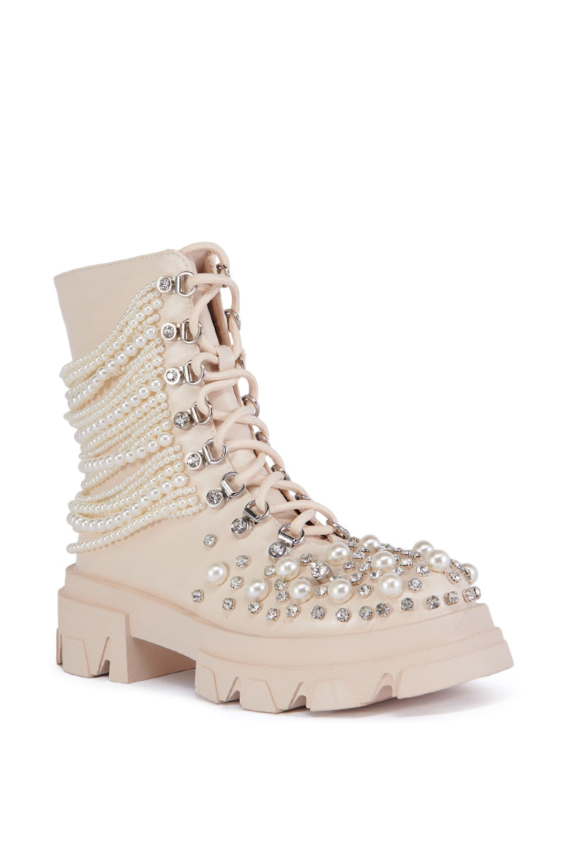 Detail View Azalea Wang Twinkley Bone Pearl Embellished Combat Bootie 5