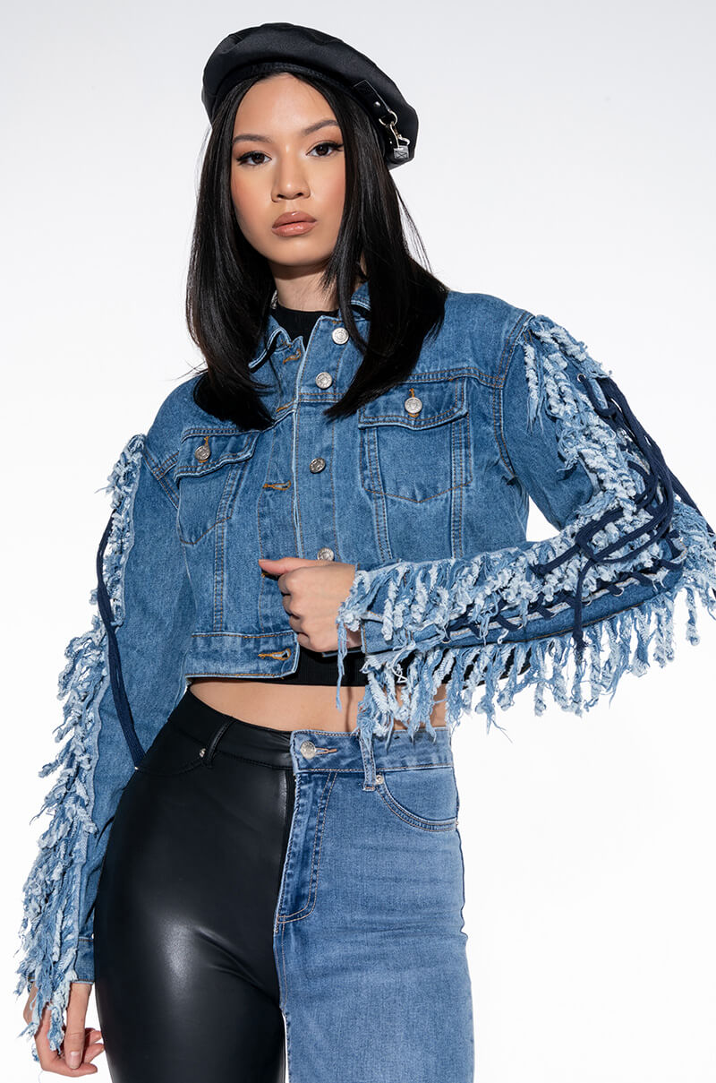 Front View Azalea Wang Two Step Lace Up Fringe Denim Jacket