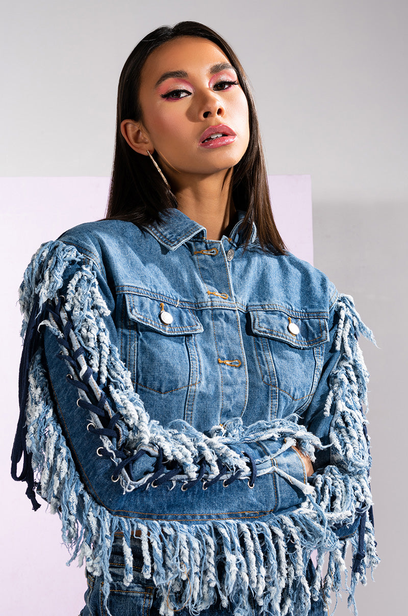 Side View Azalea Wang Two Step Lace Up Fringe Denim Jacket