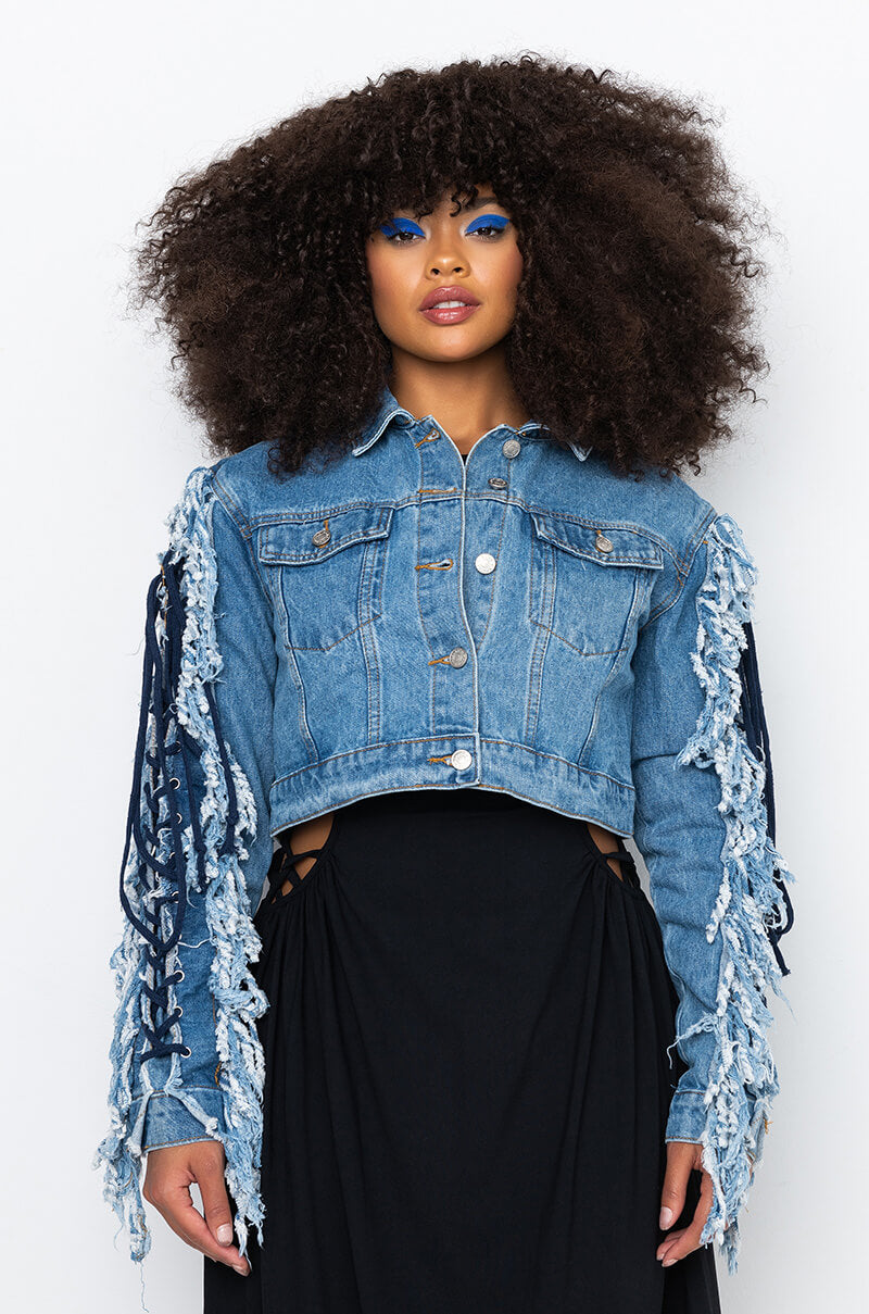 Back View Azalea Wang Two Step Lace Up Fringe Denim Jacket
