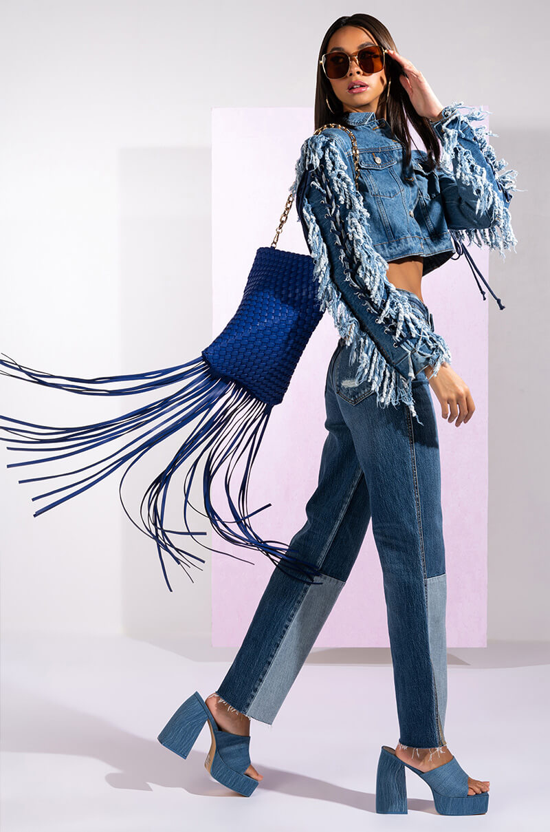 Back View Azalea Wang Two Step Lace Up Fringe Denim Jacket