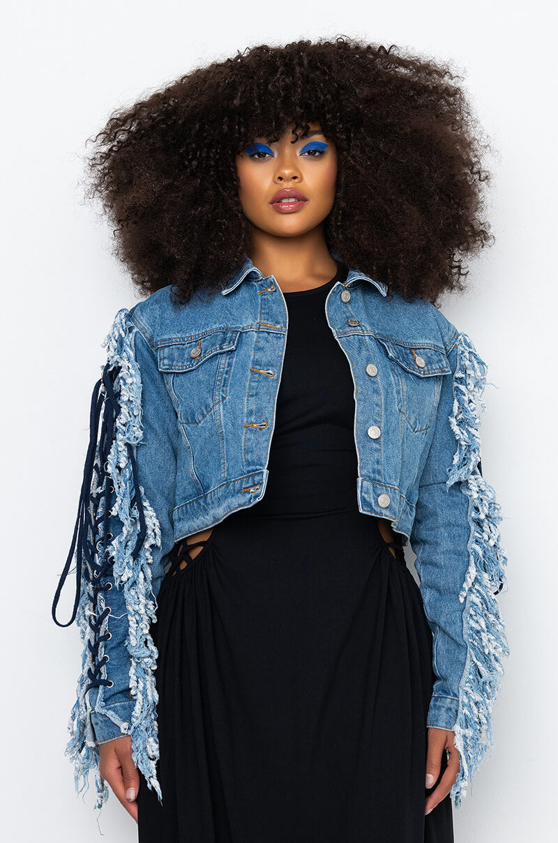 Detail View Azalea Wang Two Step Lace Up Fringe Denim Jacket
