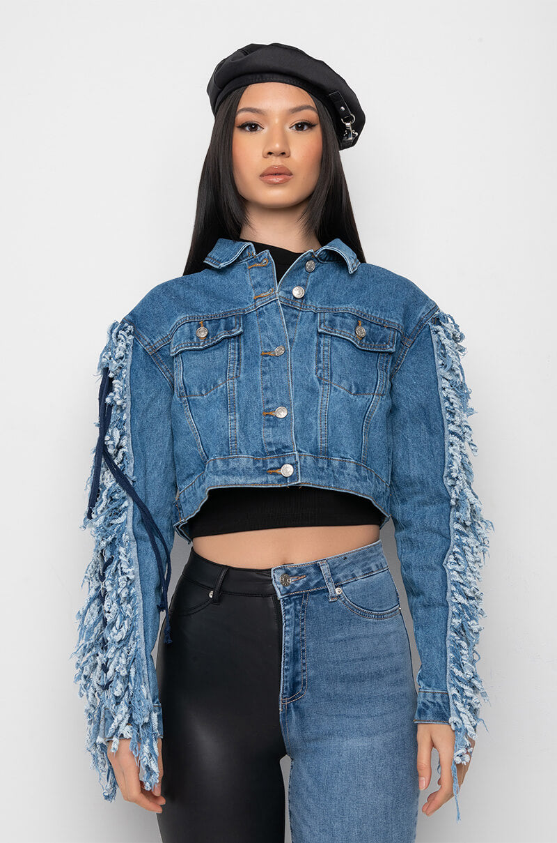Detail View Azalea Wang Two Step Lace Up Fringe Denim Jacket
