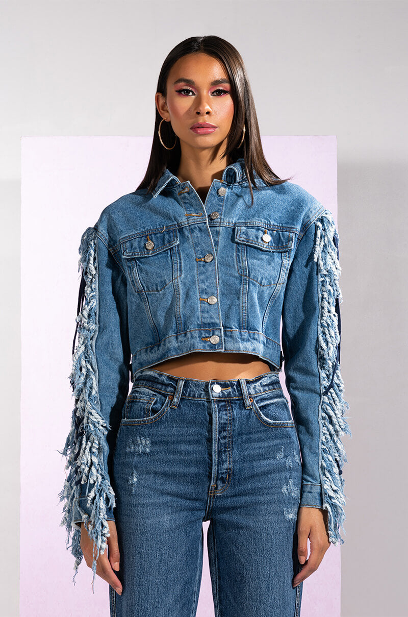 Detail View Azalea Wang Two Step Lace Up Fringe Denim Jacket