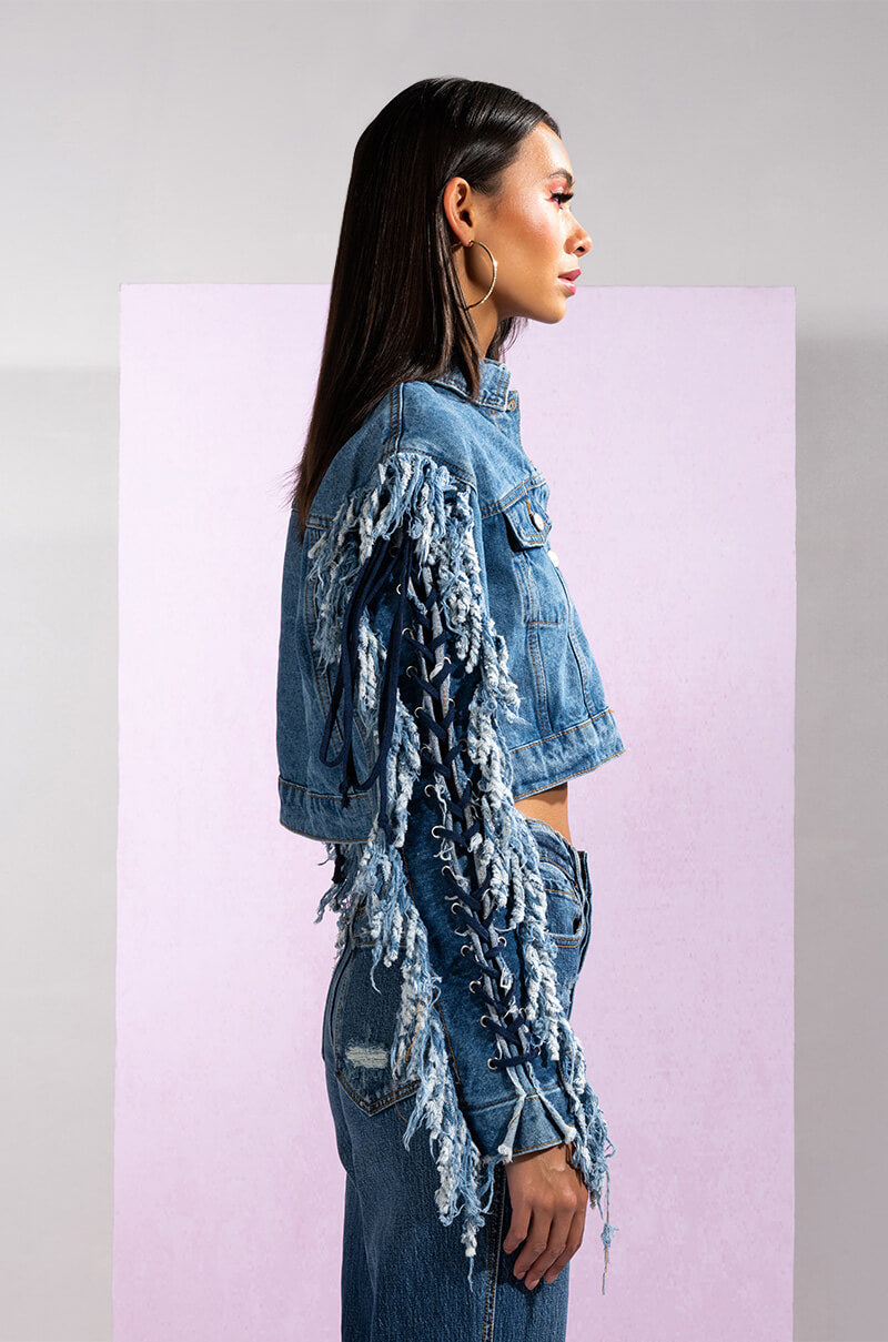 Full View Azalea Wang Two Step Lace Up Fringe Denim Jacket