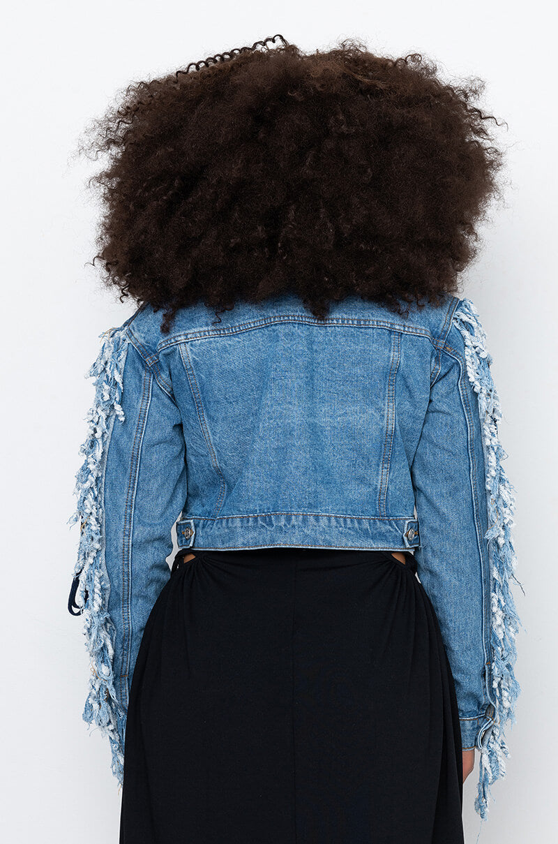 Extra View Azalea Wang Two Step Lace Up Fringe Denim Jacket