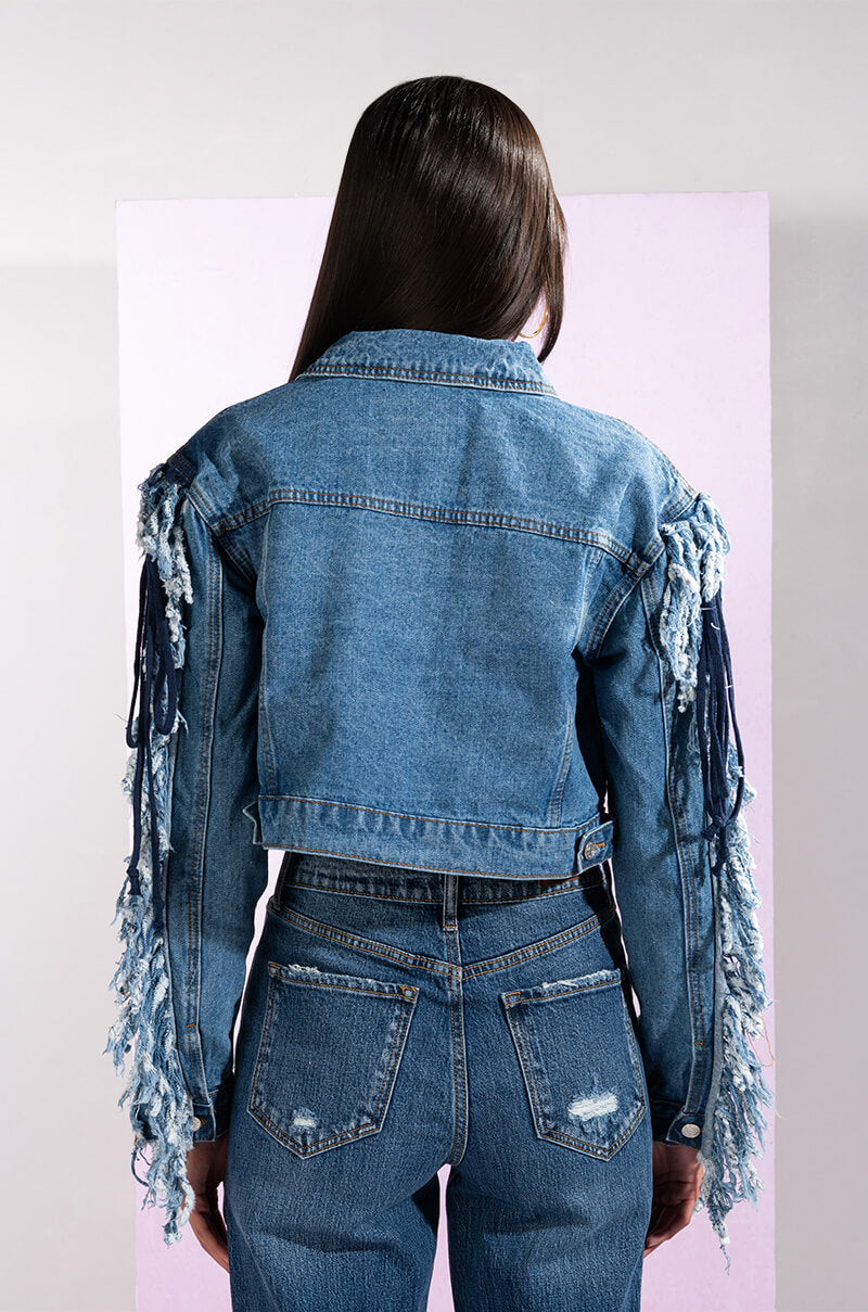 Extra View Azalea Wang Two Step Lace Up Fringe Denim Jacket