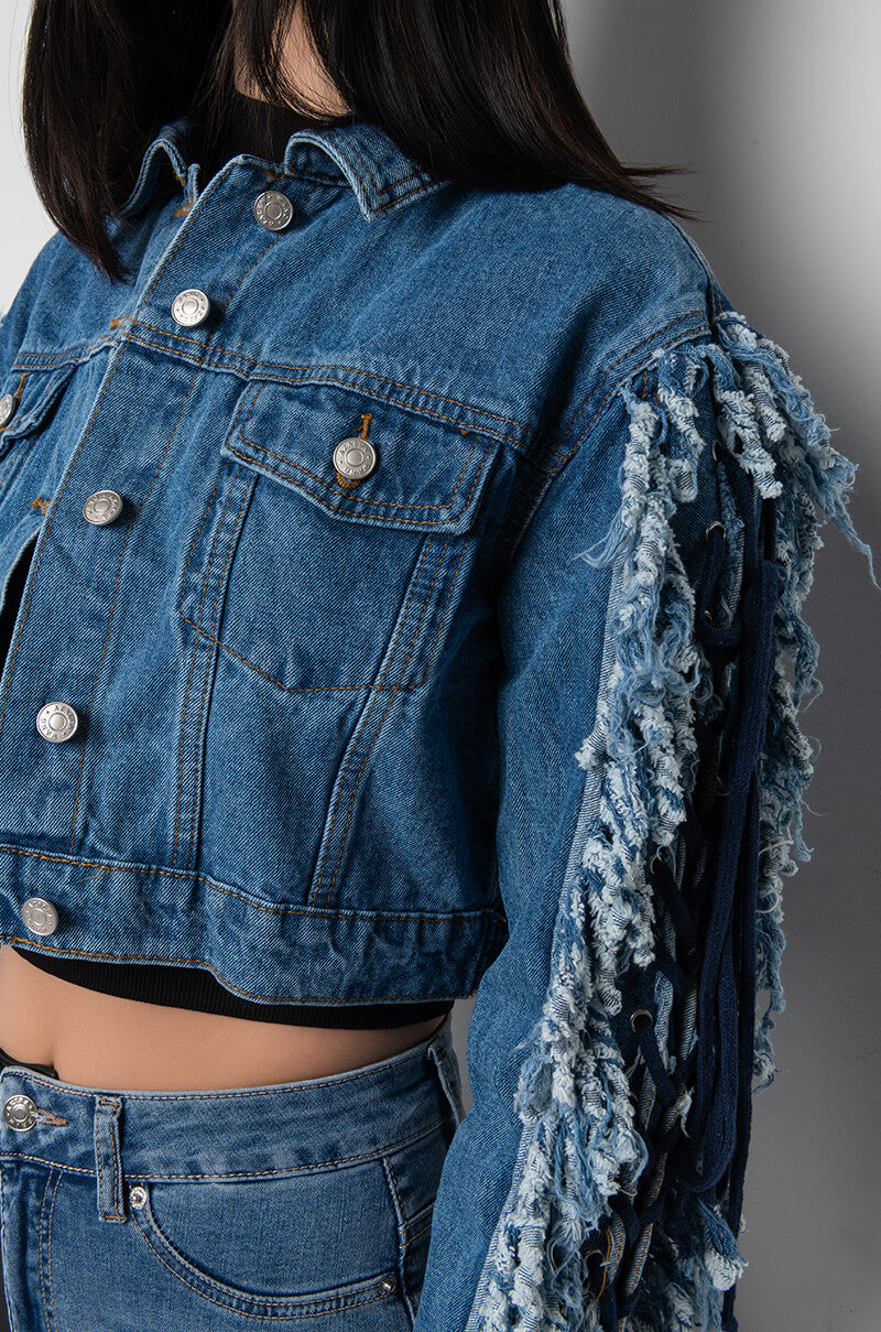 Extra View Azalea Wang Two Step Lace Up Fringe Denim Jacket