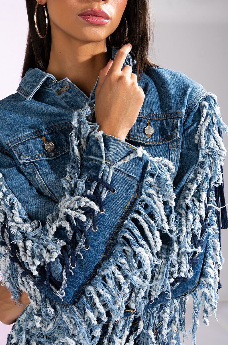 Extra View Azalea Wang Two Step Lace Up Fringe Denim Jacket