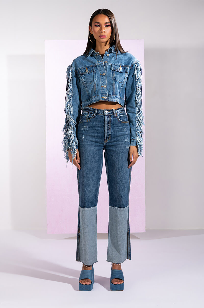 Extra View Azalea Wang Two Step Lace Up Fringe Denim Jacket