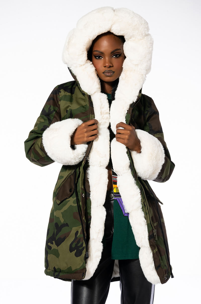 Back View Azalea Wang Undercover Faux Fur Lined Camo Coat