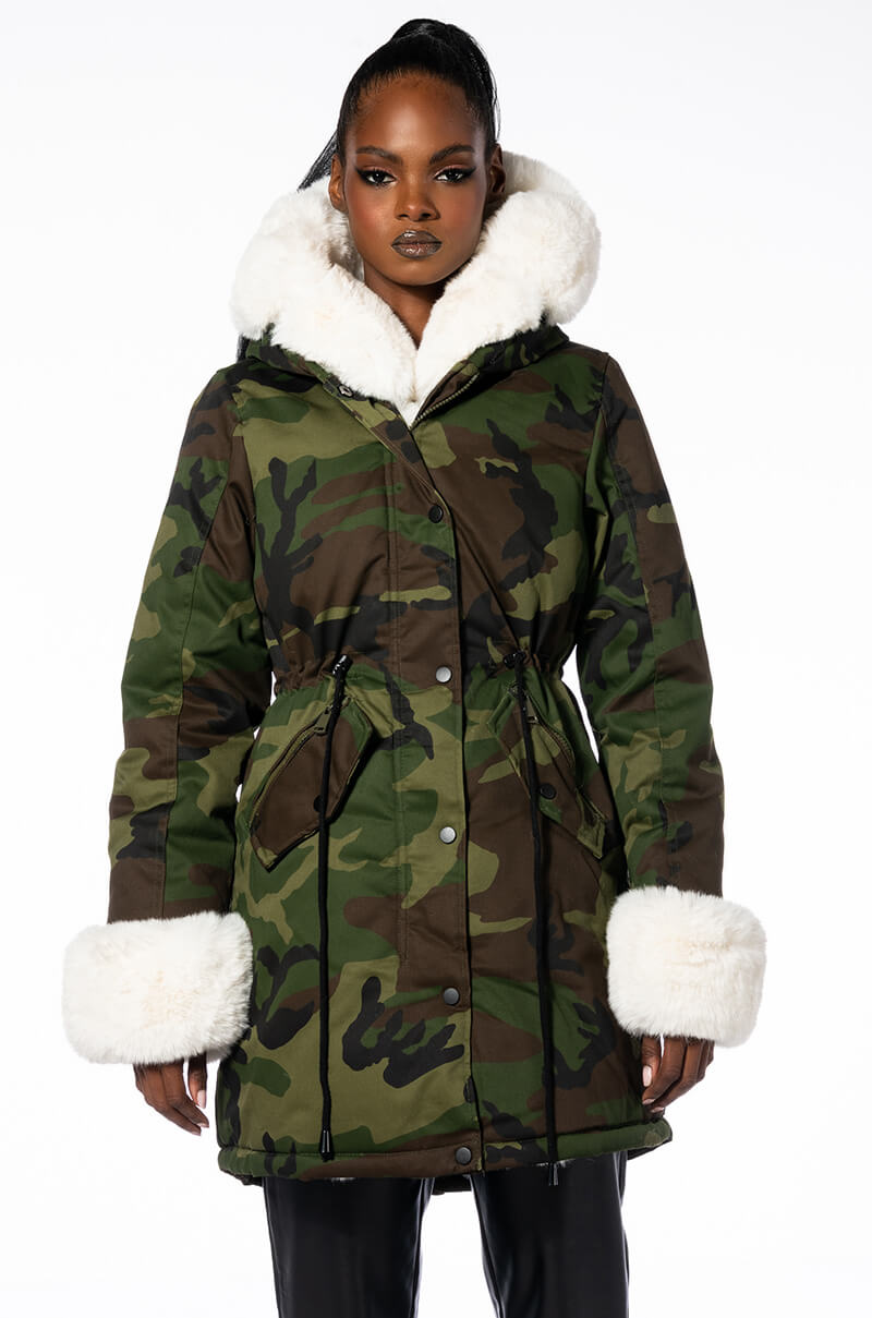 Extra View Azalea Wang Undercover Faux Fur Lined Camo Coat