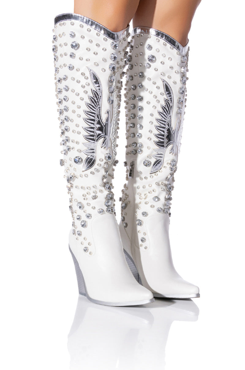Front View Azalea Wang Upbeat Rhinestone Embellished Western Boot In White