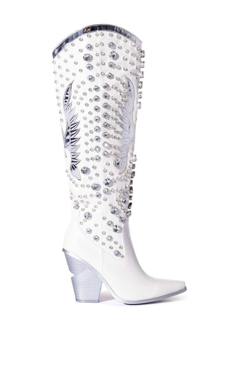 Side View Azalea Wang Upbeat Rhinestone Embellished Western Boot In White