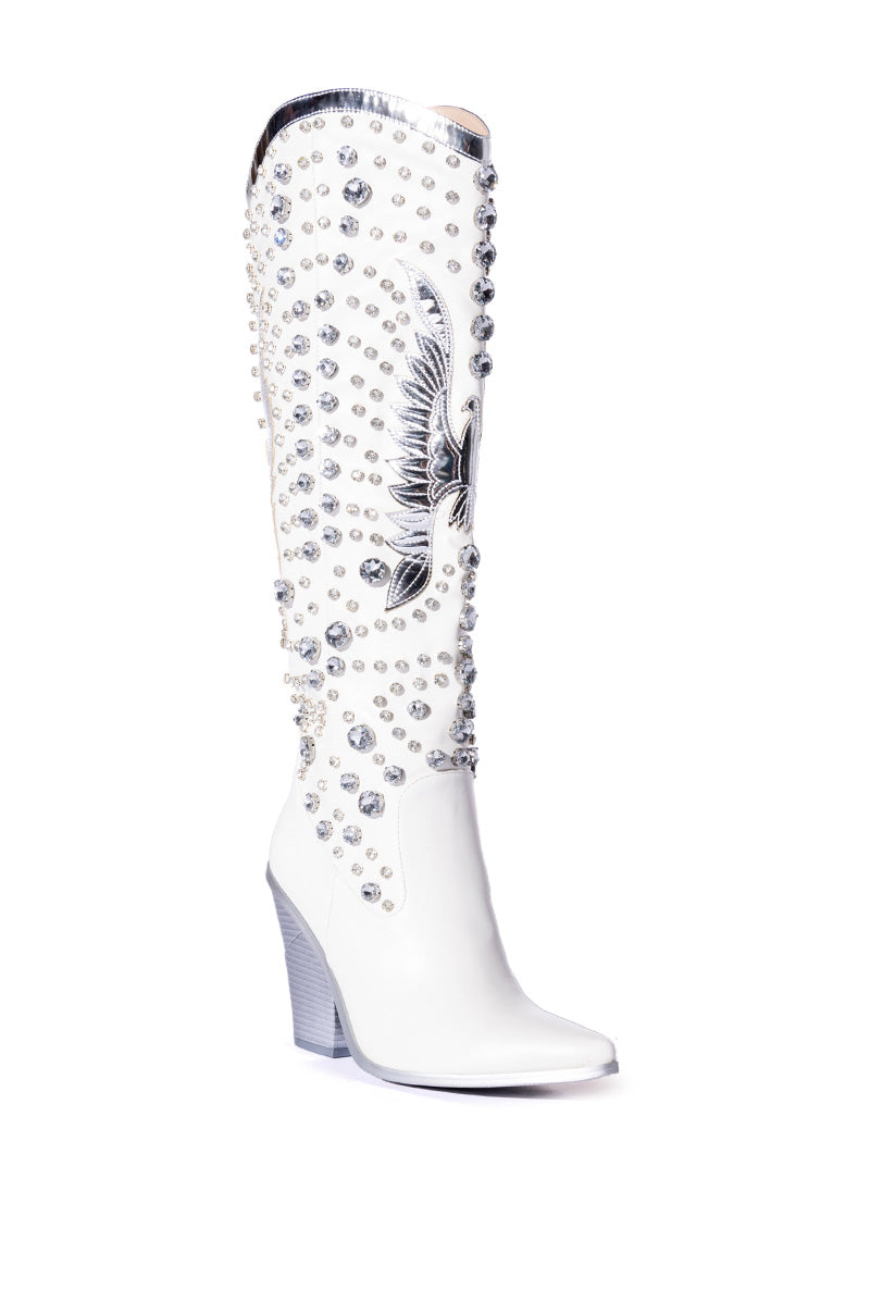 Back View Azalea Wang Upbeat Rhinestone Embellished Western Boot In White