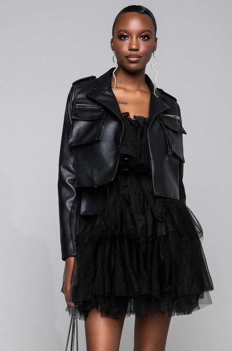 Front View Azalea Wang Utility Pleather Jacket in Black