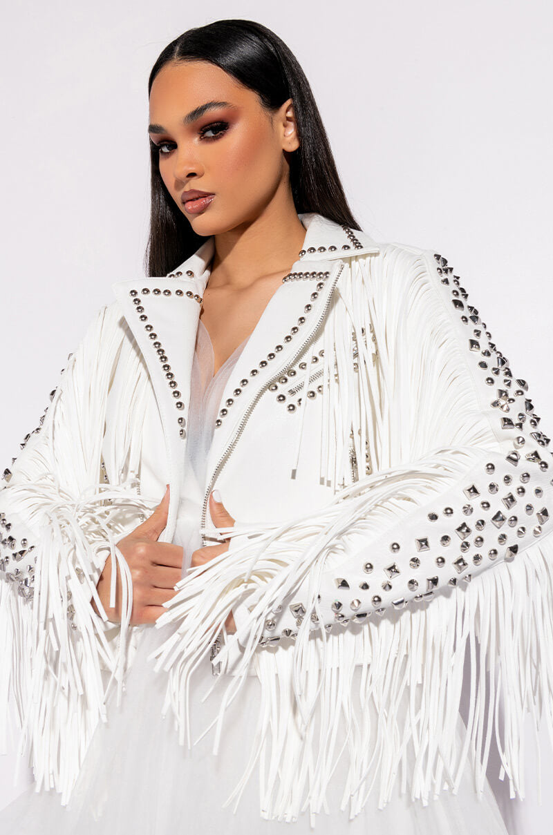 Front View Azalea Wang Vegas Jackpot Fringe Hitched Moto Jacket