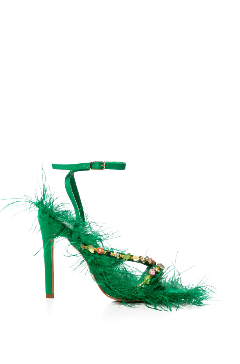 Side View Azalea Wang Villie Feather Sandal In Green