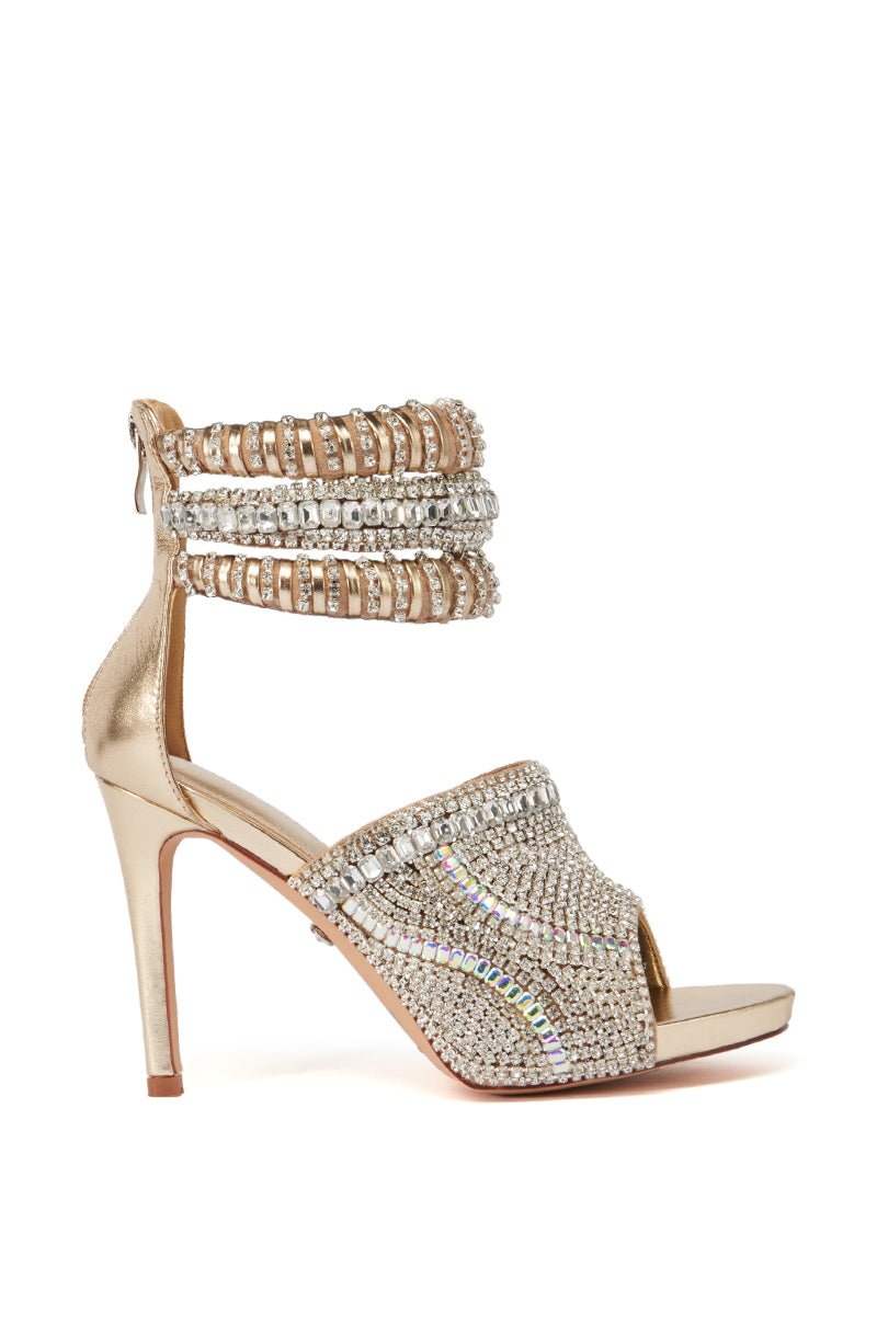 Side View Azalea Wang Waikiki Gold Sandal With Rhinestone Embellishments 4