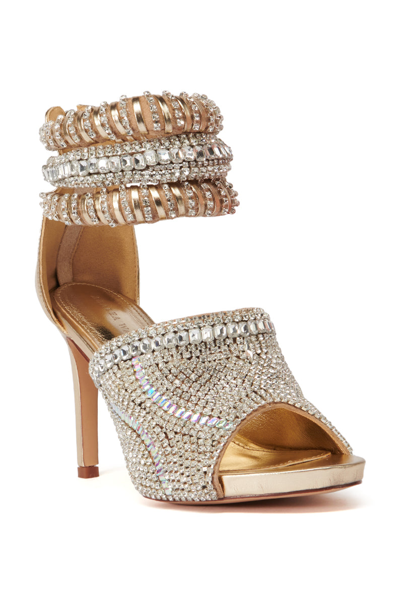 Back View Azalea Wang Waikiki Gold Sandal With Rhinestone Embellishments 5