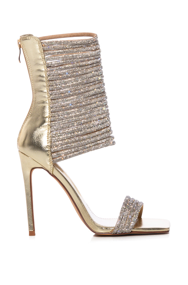 Side View Azalea Wang What You Are Rhinestone Embellished Strappy Sandal In Gold 1
