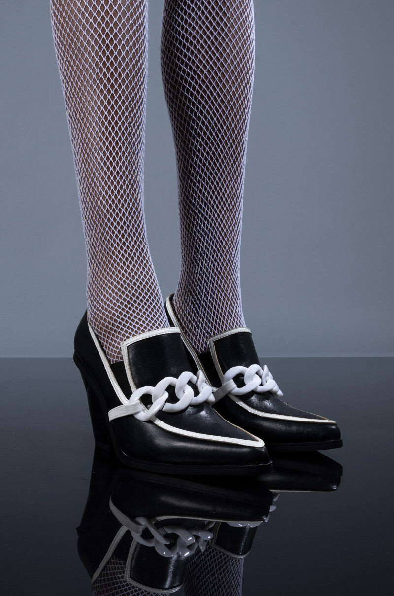 Front View Azalea Wang Work Hard Play Hard Chunky Heel Loafer In Black White