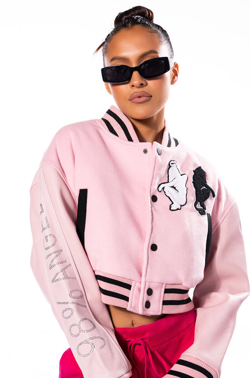 Side View Azalea Wang Y2k Varsity Bomber With Tramp Stamp