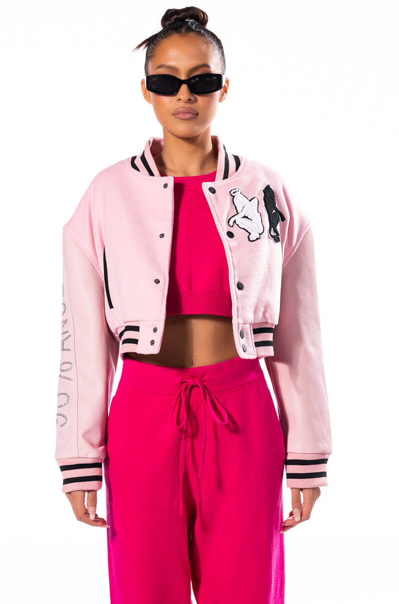 Full View Azalea Wang Y2k Varsity Bomber With Tramp Stamp