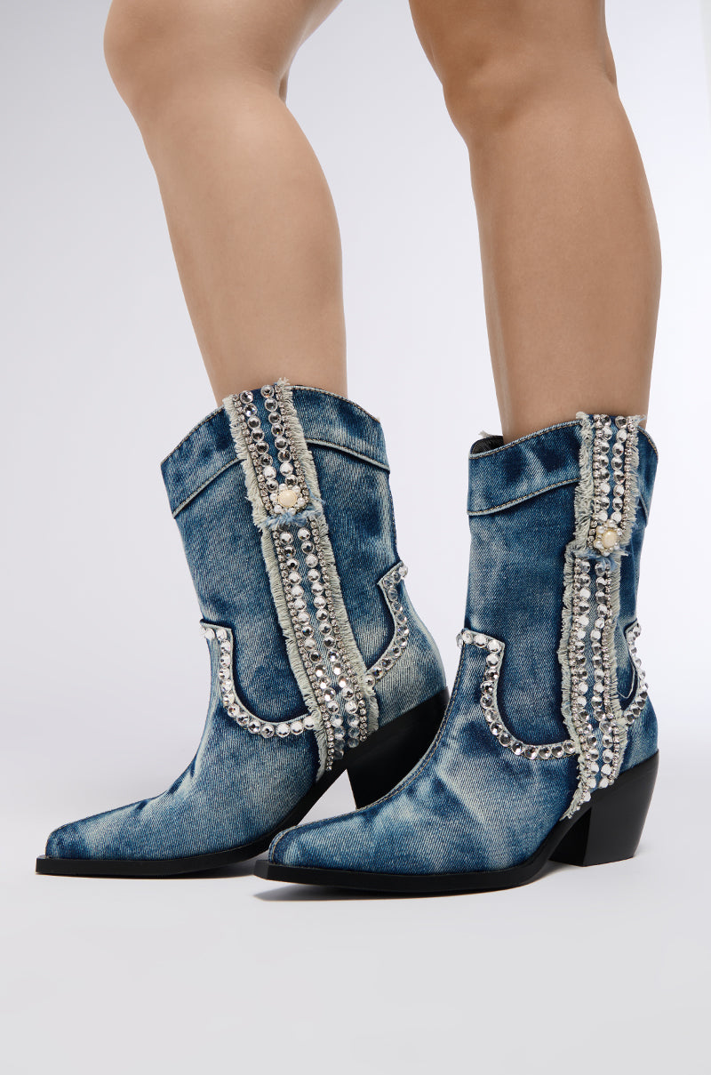 Front View Azalea Wang Yannic Denim Rhinestone Western Bootie 0