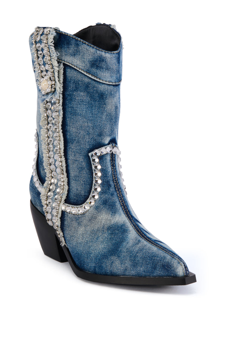 Back View Azalea Wang Yannic Denim Rhinestone Western Bootie 2
