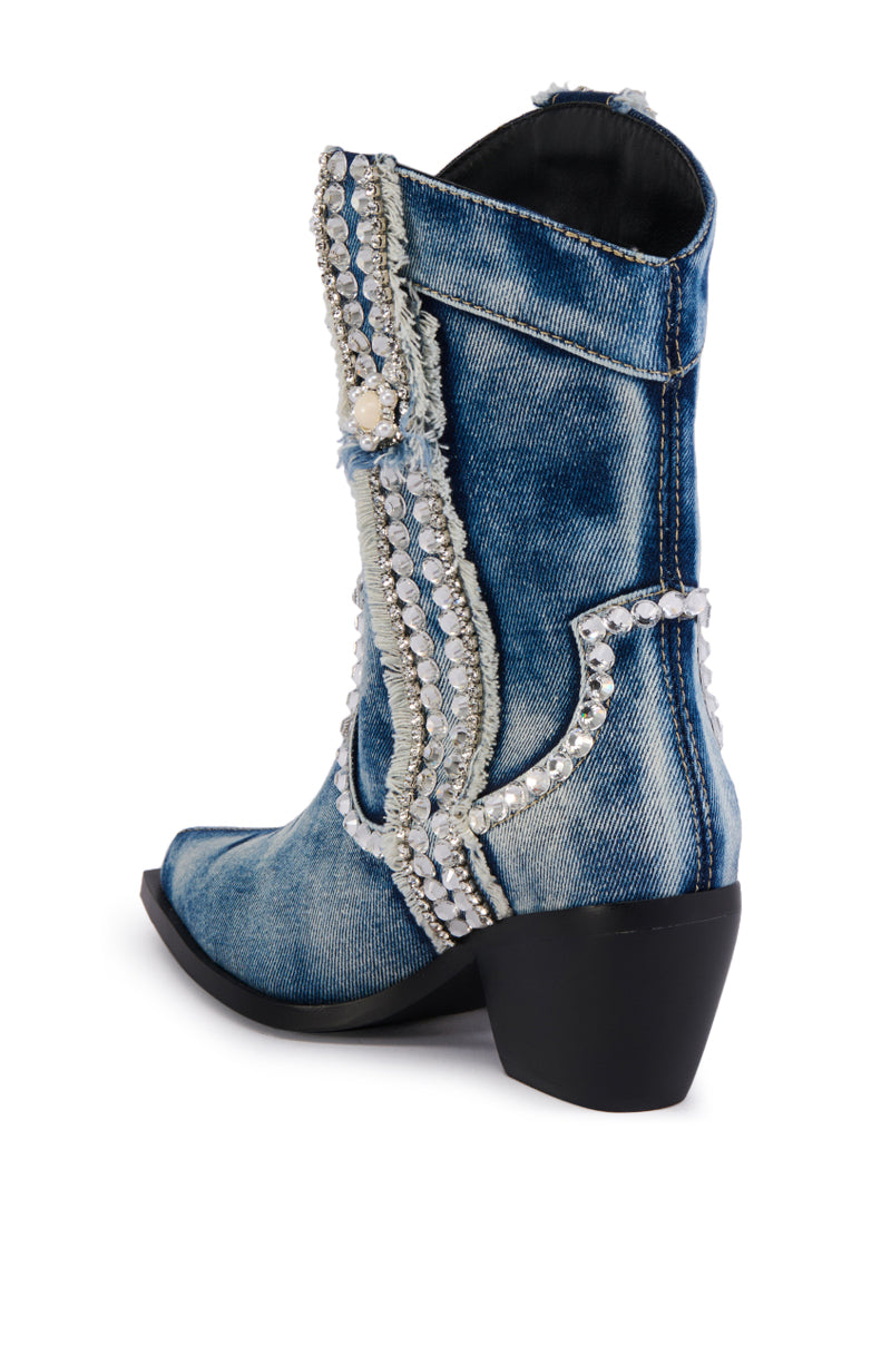 Detail View Azalea Wang Yannic Denim Rhinestone Western Bootie 3