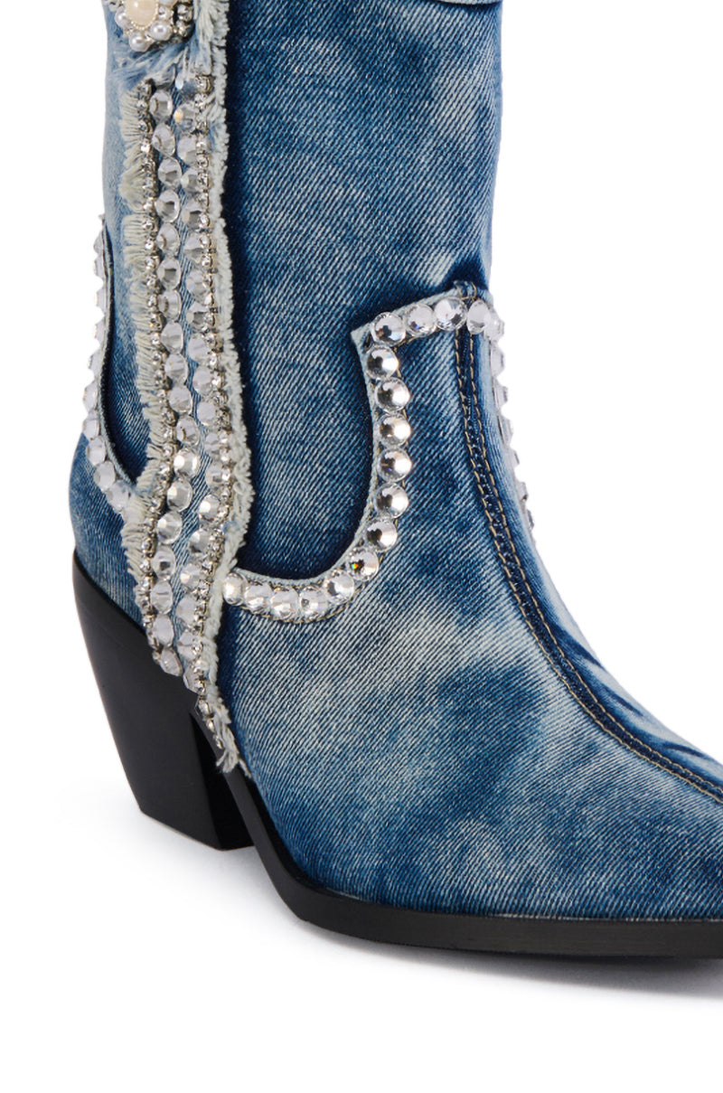Full View Azalea Wang Yannic Denim Rhinestone Western Bootie 5