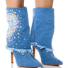 Front View Azalea Wang You Can Stay Embellished Fold Over Stiletto Bootie In Denim