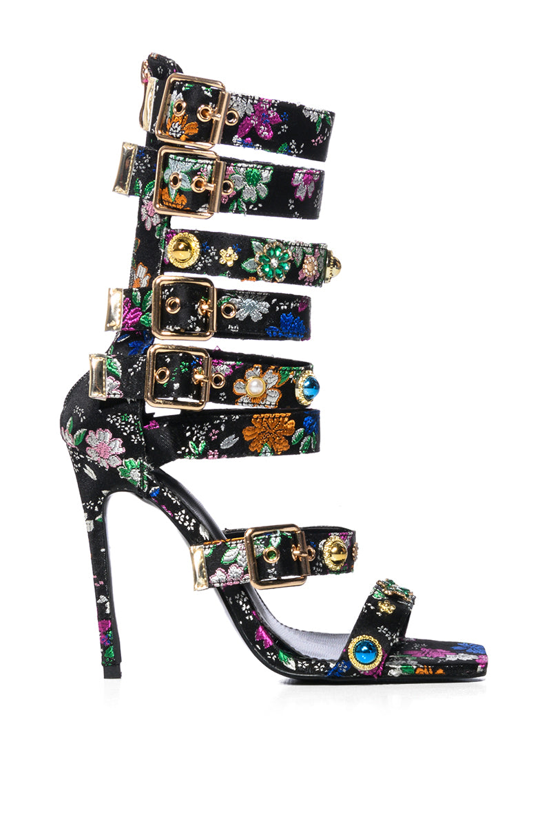 Side View Azalea Wang Your Honor Brocade Embellished Gladiator Sandal In Black
