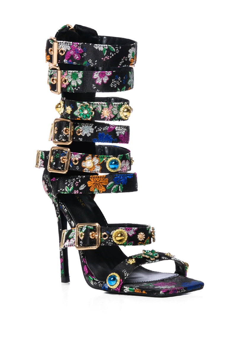 Back View Azalea Wang Your Honor Brocade Embellished Gladiator Sandal In Black
