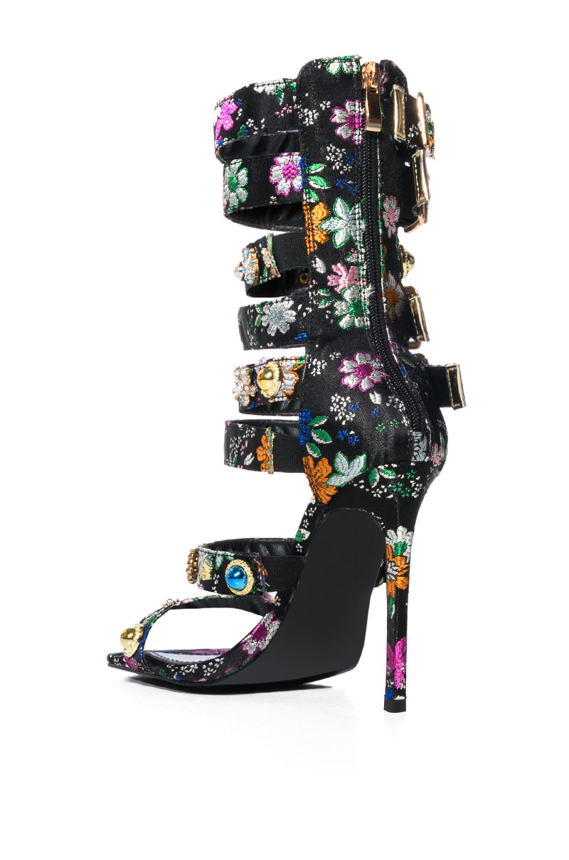 Detail View Azalea Wang Your Honor Brocade Embellished Gladiator Sandal In Black