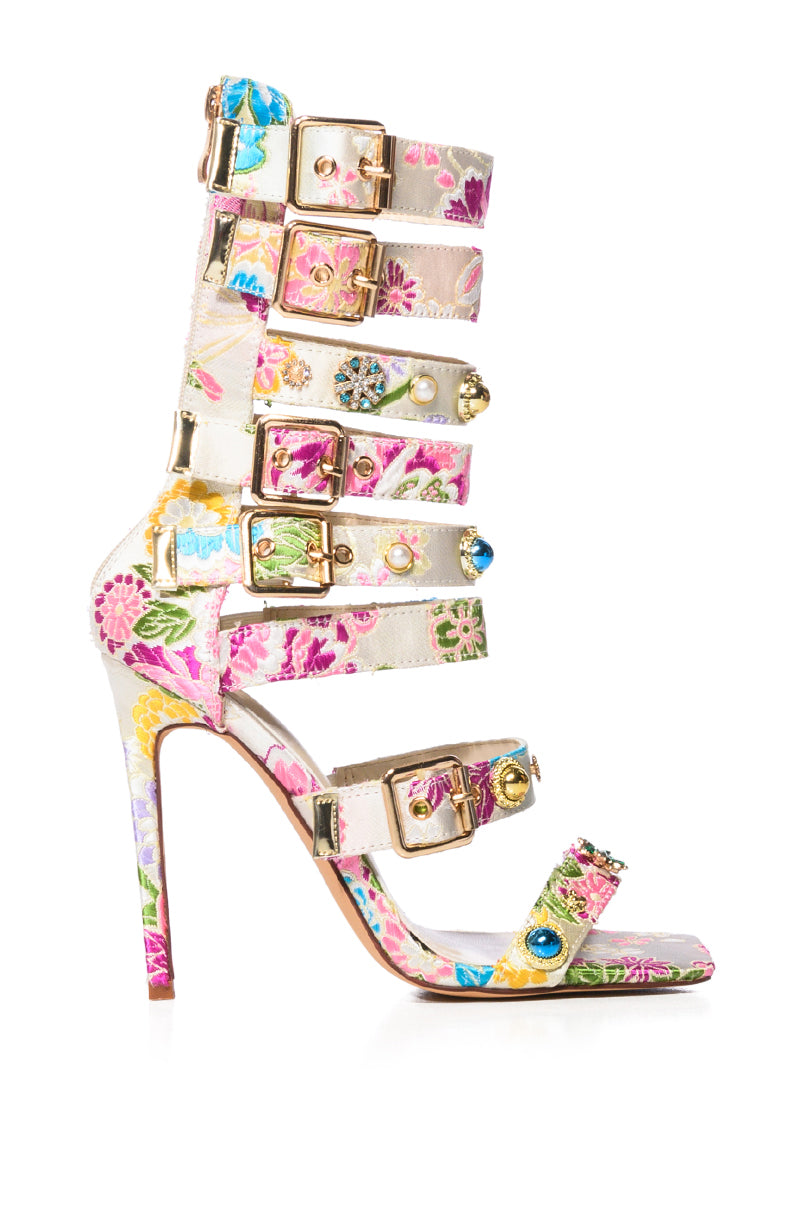 Side View Azalea Wang Your Honor Brocade Embellished Gladiator Sandal In Bone