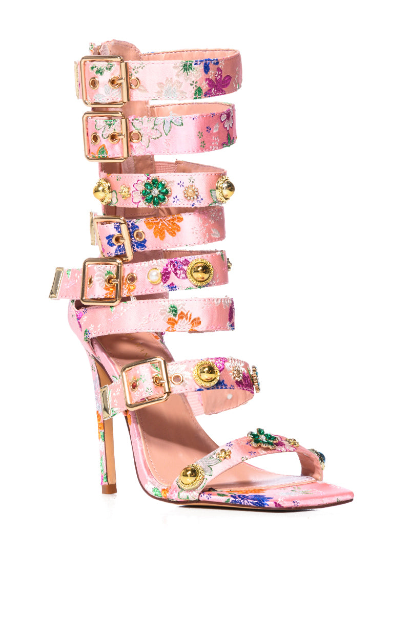 Back View Azalea Wang Your Honor Brocade Embellished Gladiator Sandal In Pink