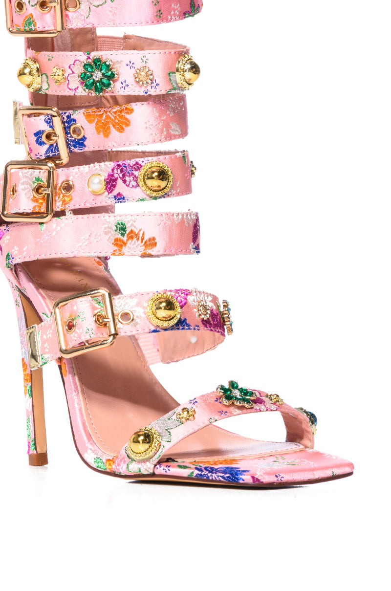 Full View Azalea Wang Your Honor Brocade Embellished Gladiator Sandal In Pink