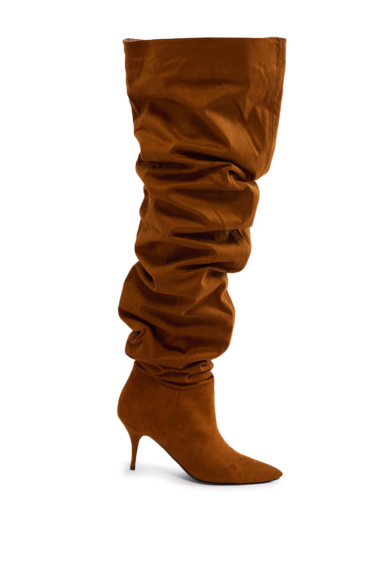Side View Azalea Wang Zaki Tan Faux Suede Slouch Boot
