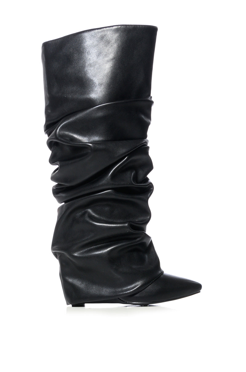 Side View Azalea Wang Zumma Black Ruched Wedge Boot