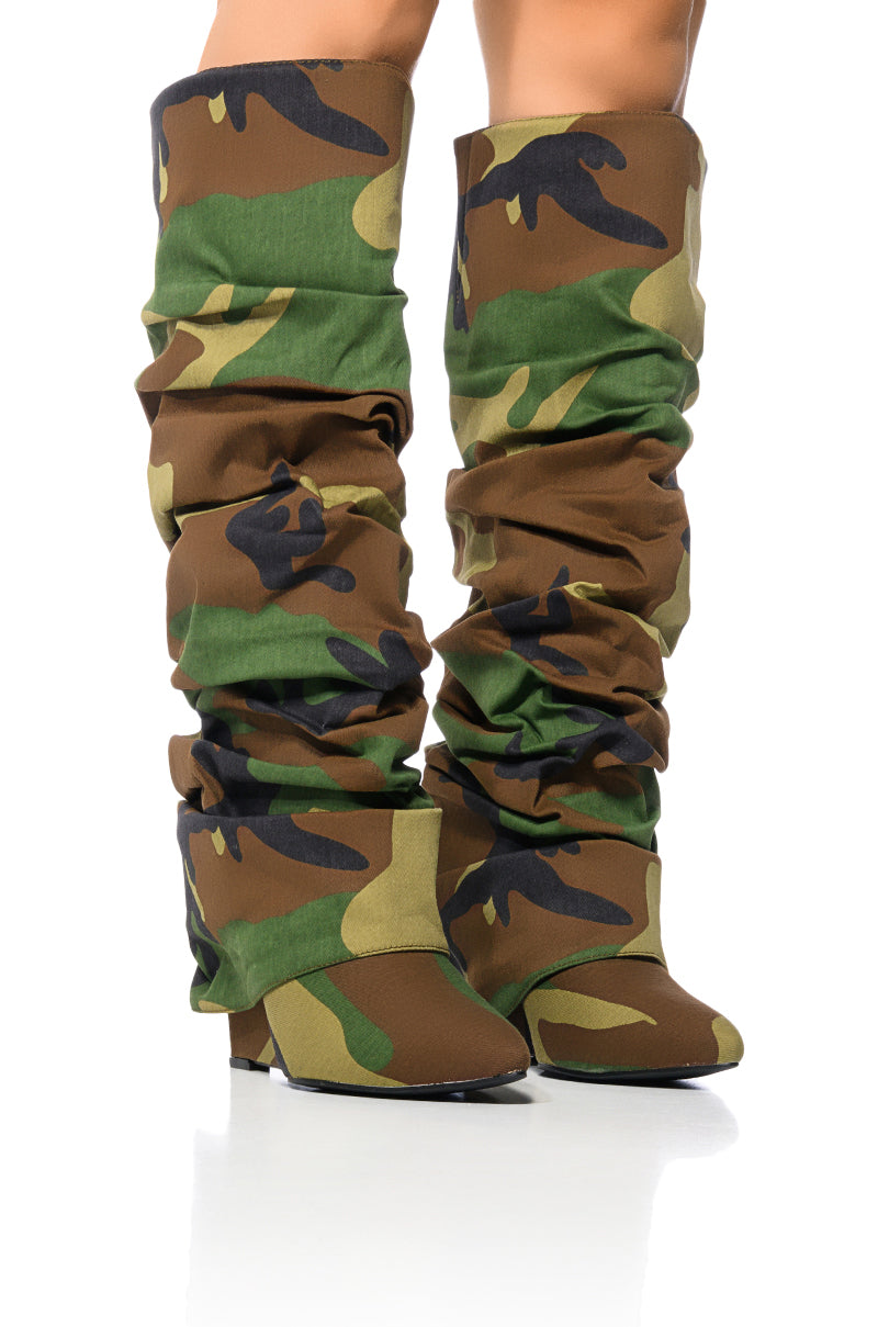 AZALEA WANG ZUMMA CAMO RUCHED WEDGE BOOT – AKIRA