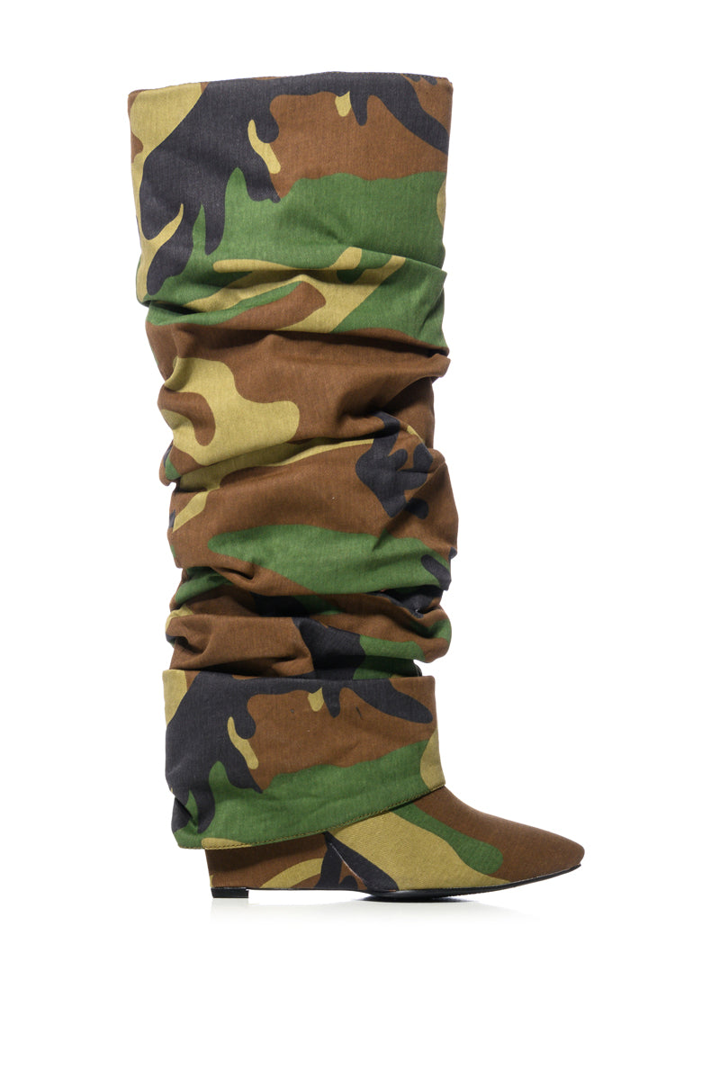 Side View Azalea Wang Zumma Camo Ruched Wedge Boot